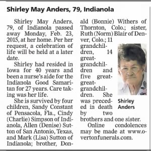 Obituary for Shirley May Anders