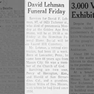 Obituary for David F. Lehman